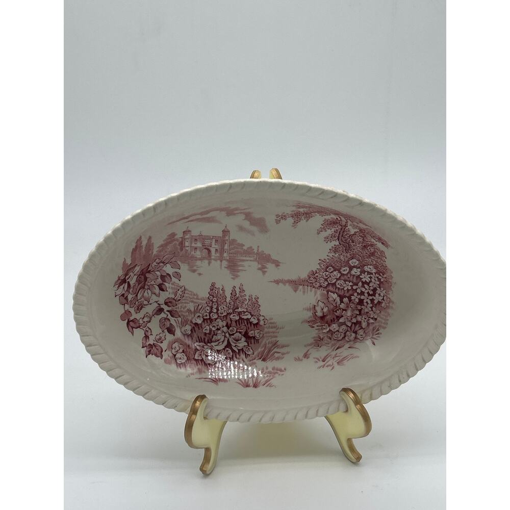 Johnson Bros Castle on the Lake Red Transferware England 10” Oval Serving Dish